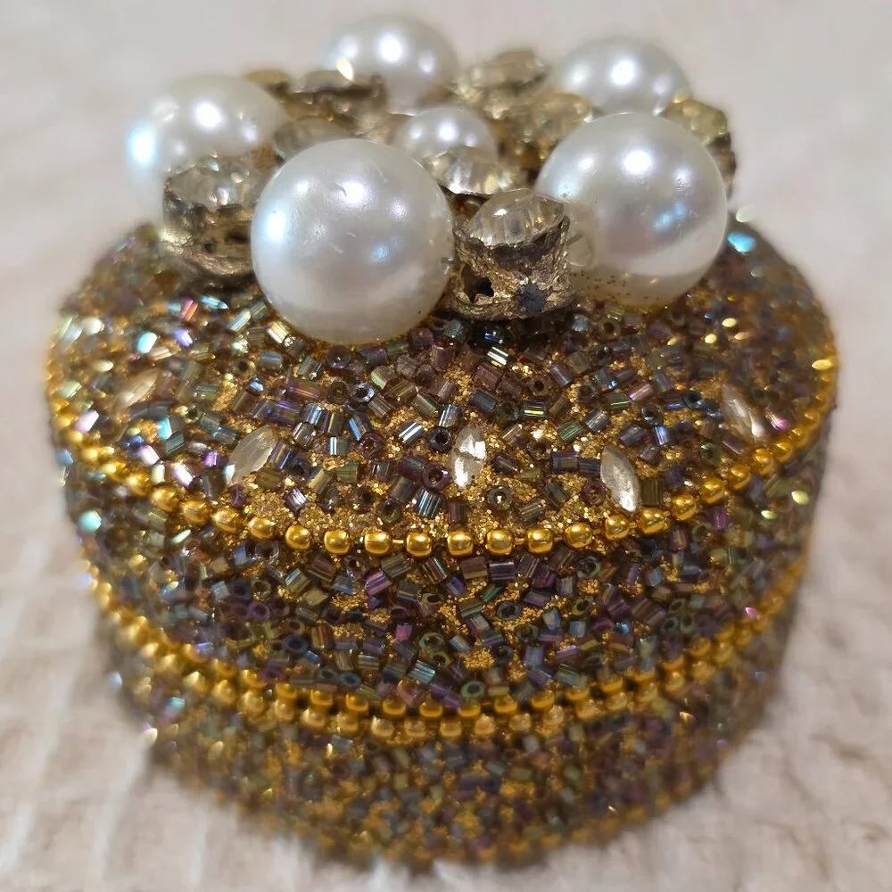 Vintage Gold Bead Pearl & Rhinestone Encrusted Metal Trinket Gift Vanity Box